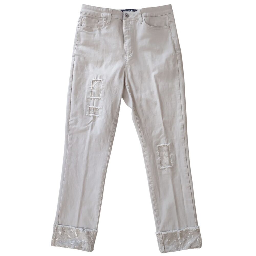 JOSEPH RIBKOFF Embellished Skinny Jeans Size 12 Beige Bejeweled Stretch Denim